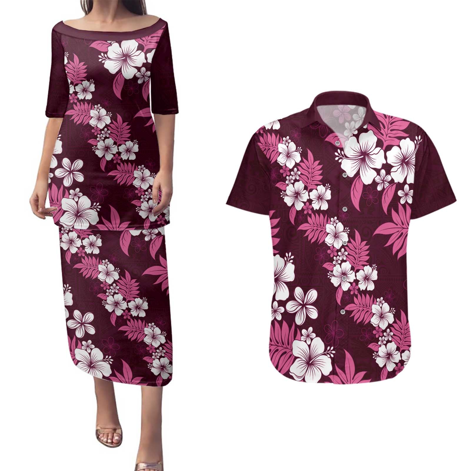 Hawaiian Hibiscus Tribal Floral Pink Couples Matching Puletasi and Hawaiian Shirt Polynesian Tapa Pattern - Polynesian Pride
