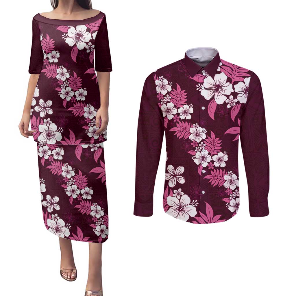 Hawaiian Hibiscus Tribal Floral Pink Couples Matching Puletasi and Long Sleeve Button Shirt Polynesian Tapa Pattern - Polynesian Pride