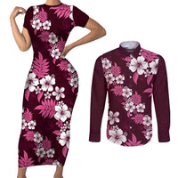 Hawaiian Hibiscus Tribal Floral Pink Couples Matching Short Sleeve Bodycon Dress and Long Sleeve Button Shirt Polynesian Tapa Pattern - Polynesian Pride
