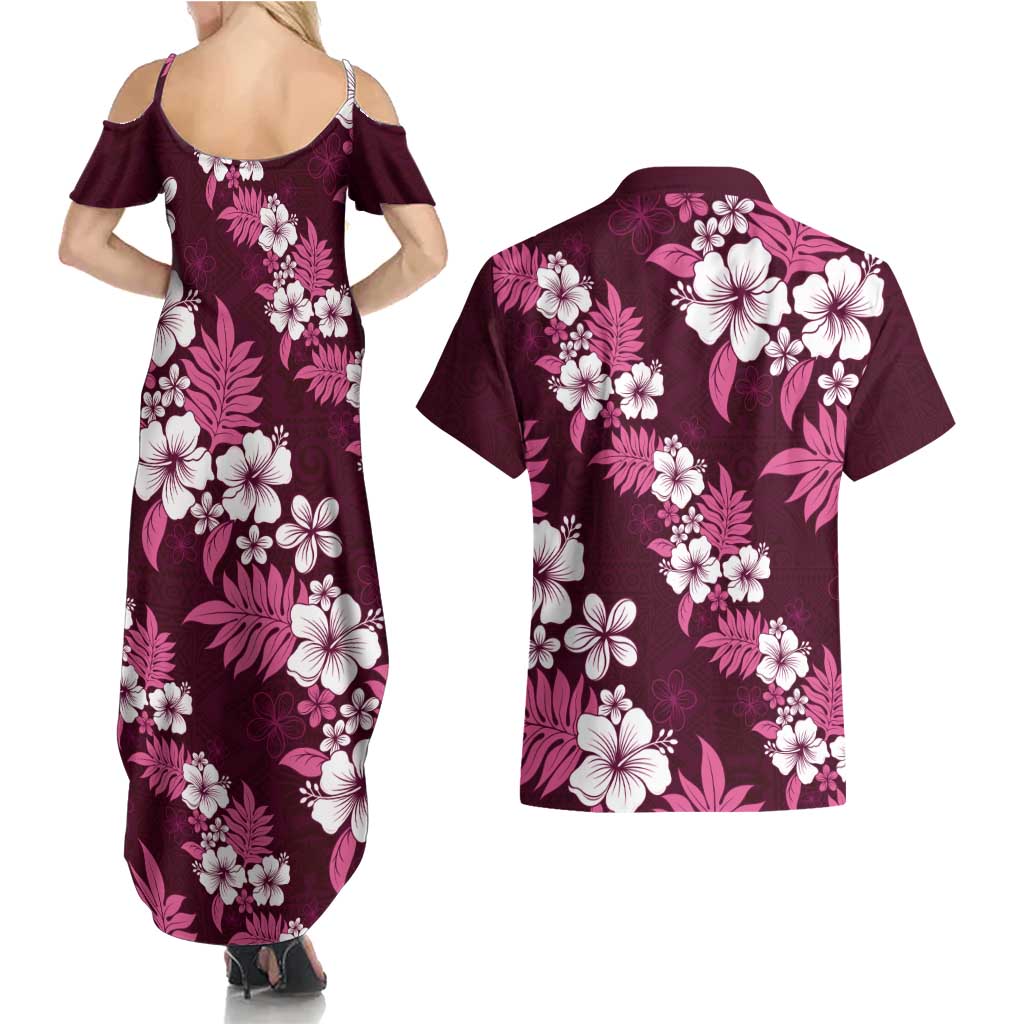 Hawaiian Hibiscus Tribal Floral Pink Couples Matching Summer Maxi Dress and Hawaiian Shirt Polynesian Tapa Pattern - Polynesian Pride