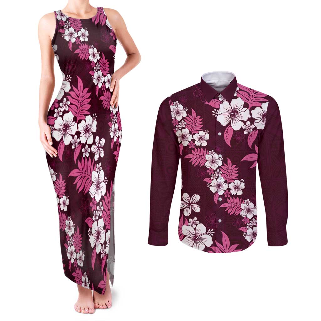 Hawaiian Hibiscus Tribal Floral Pink Couples Matching Tank Maxi Dress and Long Sleeve Button Shirt Polynesian Tapa Pattern - Polynesian Pride