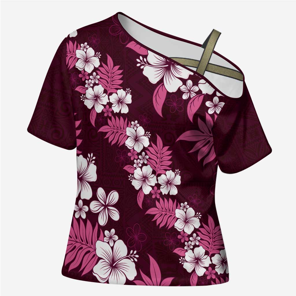 Hawaiian Hibiscus Tribal Floral Pink Cross Shoulder Shirt Polynesian Tapa Pattern - Polynesian Pride