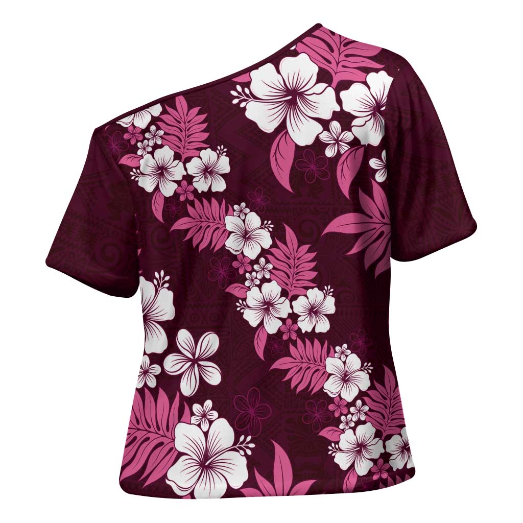 Hawaiian Hibiscus Tribal Floral Pink Cross Shoulder Shirt Polynesian Tapa Pattern - Polynesian Pride