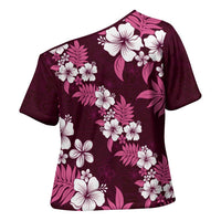 Hawaiian Hibiscus Tribal Floral Pink Cross Shoulder Shirt Polynesian Tapa Pattern - Polynesian Pride