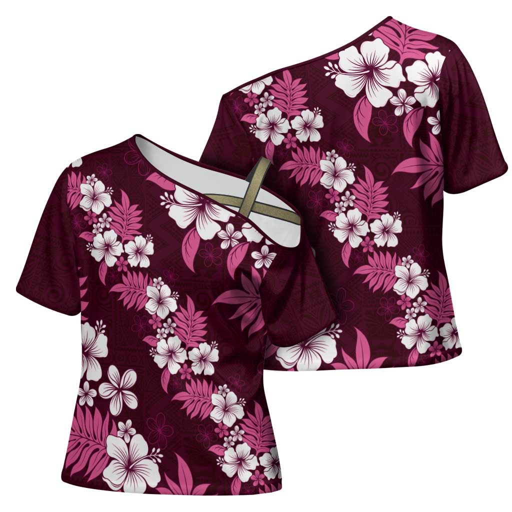 Hawaiian Hibiscus Tribal Floral Pink Cross Shoulder Shirt Polynesian Tapa Pattern - Polynesian Pride