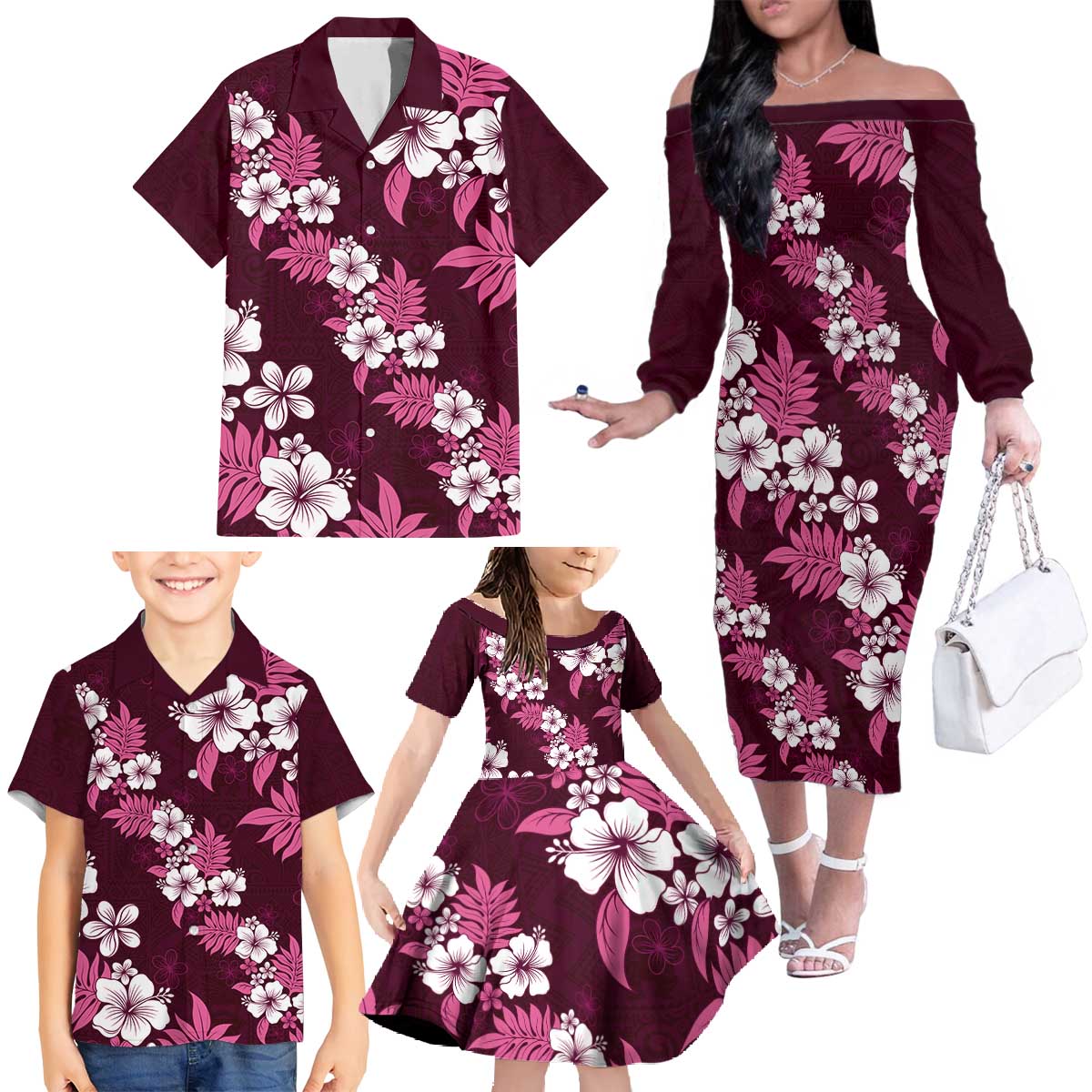 Hawaiian Hibiscus Tribal Floral Pink Family Matching Off The Shoulder Long Sleeve Dress and Hawaiian Shirt Polynesian Tapa Pattern - Polynesian Pride