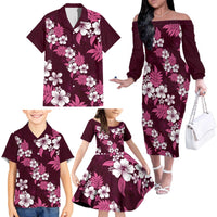 Hawaiian Hibiscus Tribal Floral Pink Family Matching Off The Shoulder Long Sleeve Dress and Hawaiian Shirt Polynesian Tapa Pattern - Polynesian Pride