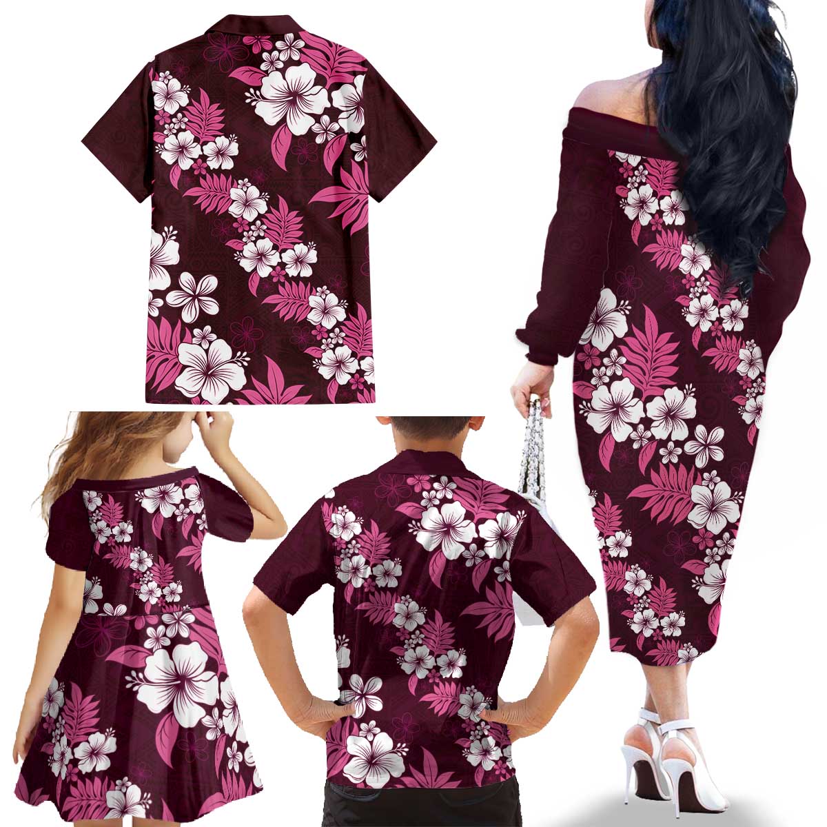 Hawaiian Hibiscus Tribal Floral Pink Family Matching Off The Shoulder Long Sleeve Dress and Hawaiian Shirt Polynesian Tapa Pattern - Polynesian Pride