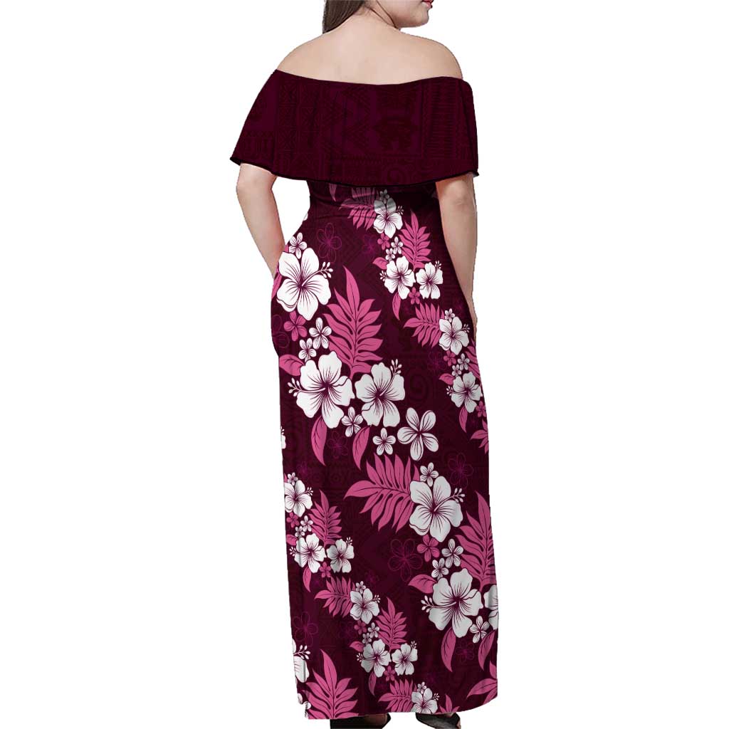 Hawaiian Hibiscus Tribal Floral Pink Family Matching Off Shoulder Maxi Dress and Hawaiian Shirt Polynesian Tapa Pattern - Polynesian Pride