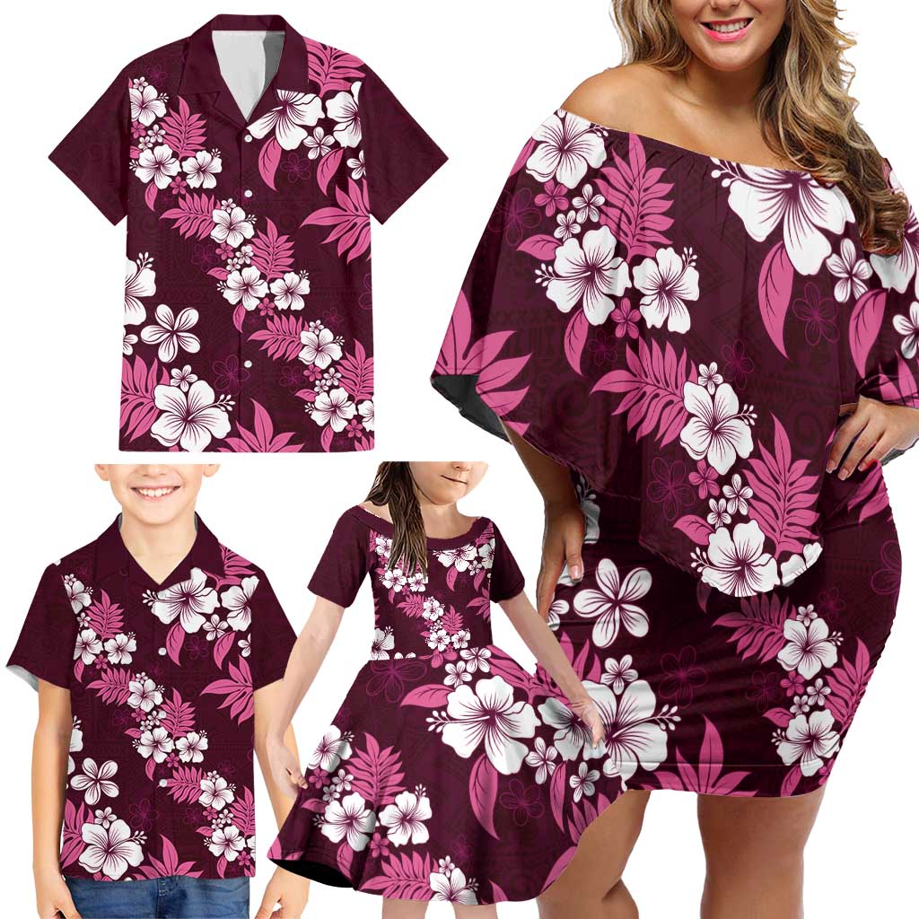 Hawaiian Hibiscus Tribal Floral Pink Family Matching Off Shoulder Short Dress and Hawaiian Shirt Polynesian Tapa Pattern - Polynesian Pride