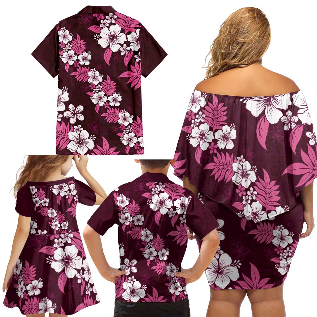 Hawaiian Hibiscus Tribal Floral Pink Family Matching Off Shoulder Short Dress and Hawaiian Shirt Polynesian Tapa Pattern - Polynesian Pride