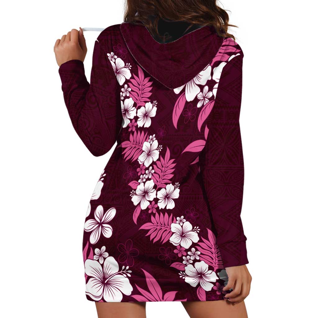 Hawaiian Hibiscus Tribal Floral Pink Hoodie Dress Polynesian Tapa Pattern - Polynesian Pride