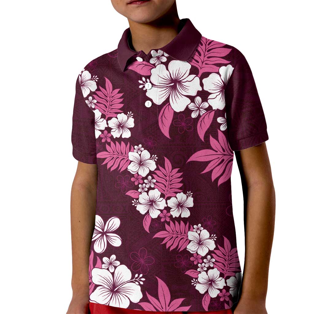 Hawaiian Hibiscus Tribal Floral Pink Kid Polo Shirt Polynesian Tapa Pattern - Polynesian Pride