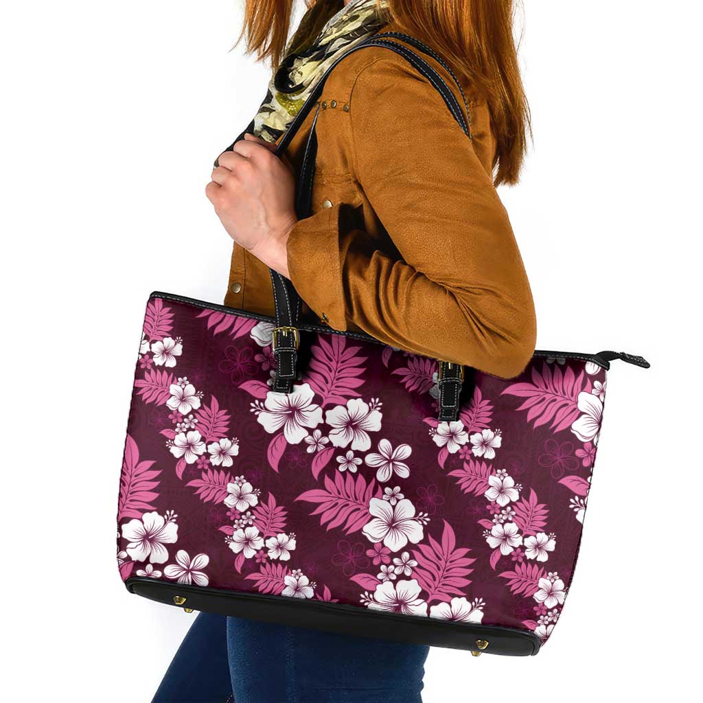 Hawaiian Hibiscus Tribal Floral Pink Leather Tote Bag Polynesian Tapa Pattern - Polynesian Pride