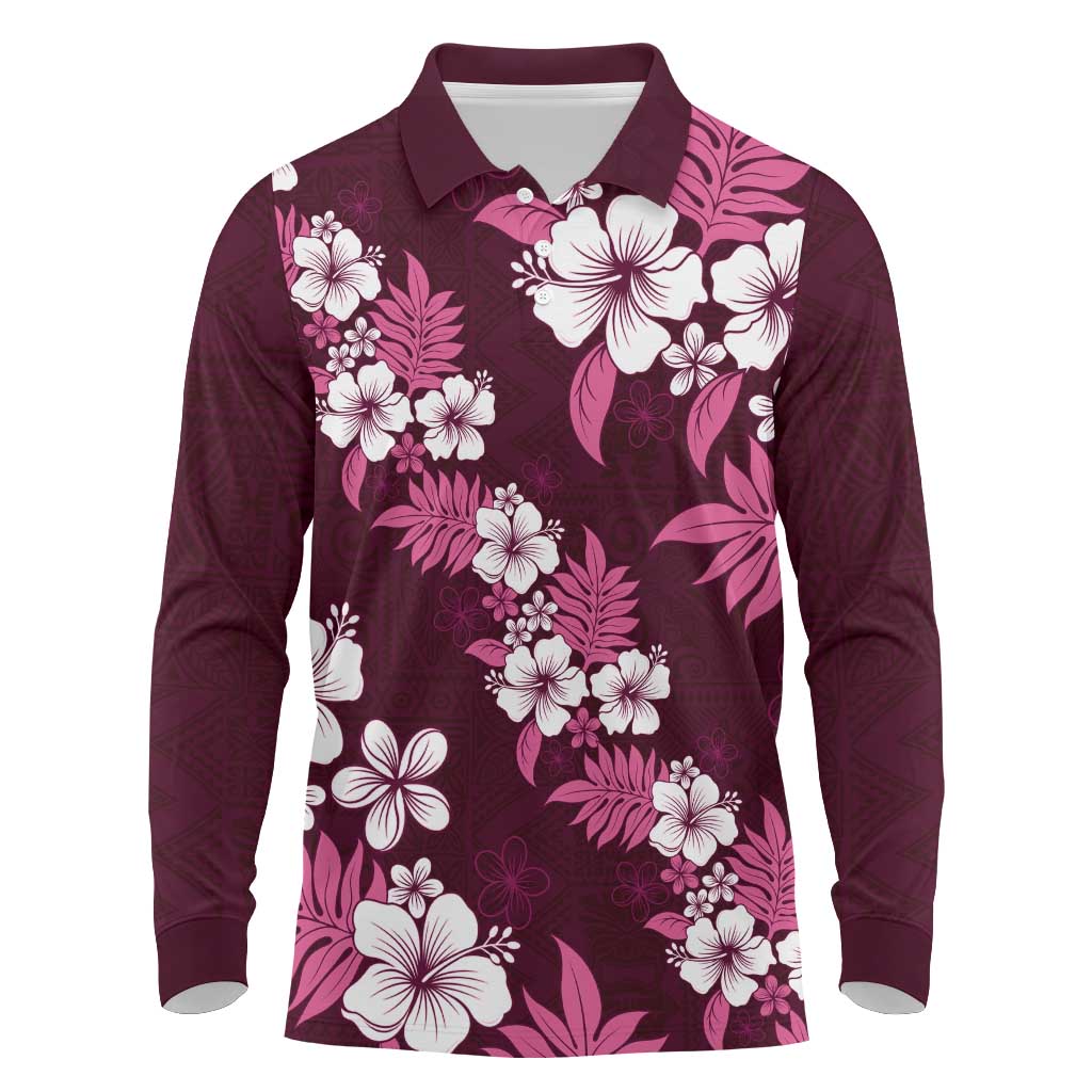 Hawaiian Hibiscus Tribal Floral Pink Long Sleeve Polo Shirt Polynesian Tapa Pattern - Polynesian Pride