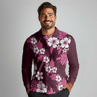 Hawaiian Hibiscus Tribal Floral Pink Long Sleeve Polo Shirt Polynesian Tapa Pattern - Polynesian Pride