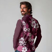 Hawaiian Hibiscus Tribal Floral Pink Long Sleeve Polo Shirt Polynesian Tapa Pattern - Polynesian Pride