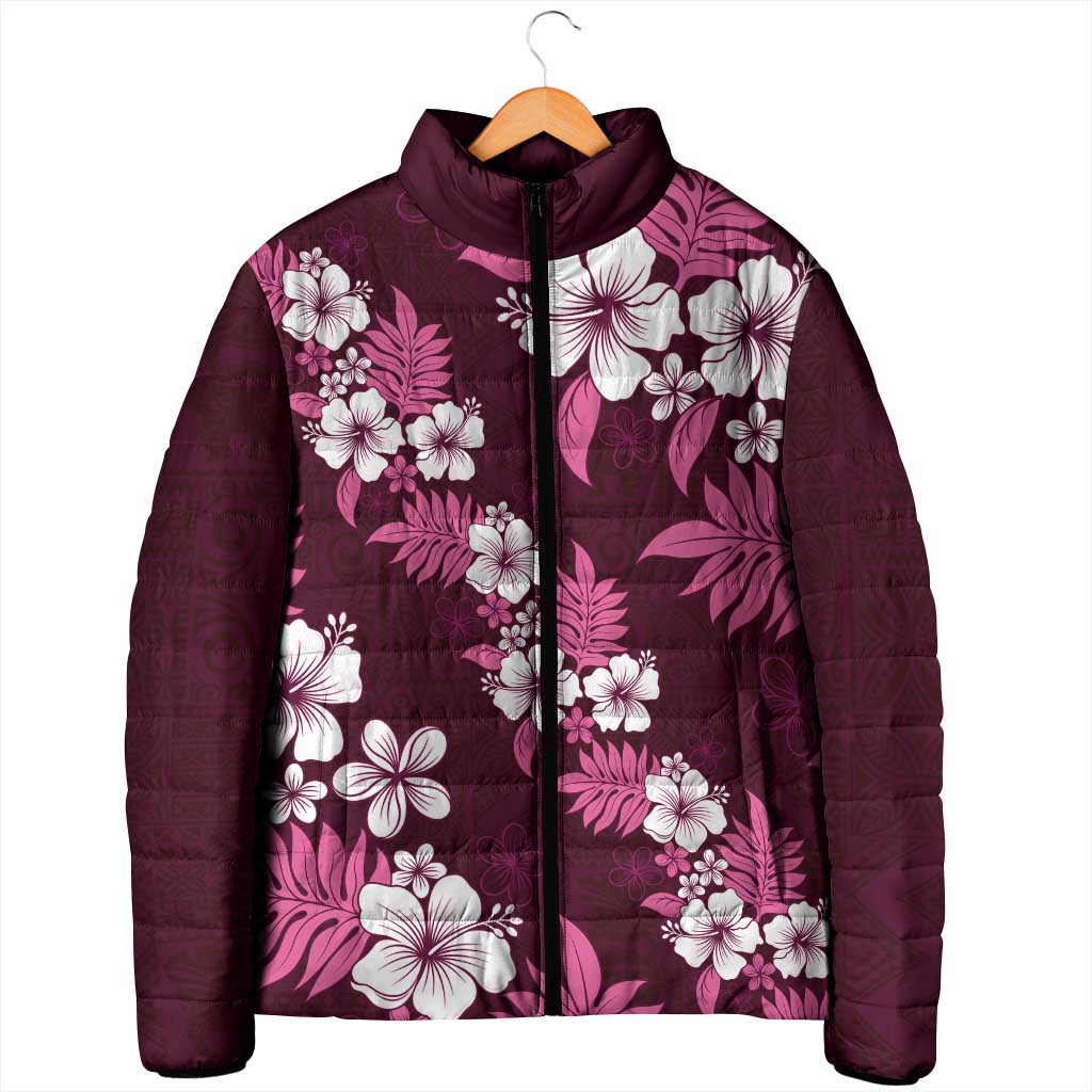Hawaiian Hibiscus Tribal Floral Pink Padded Jacket Polynesian Tapa Pattern - Polynesian Pride
