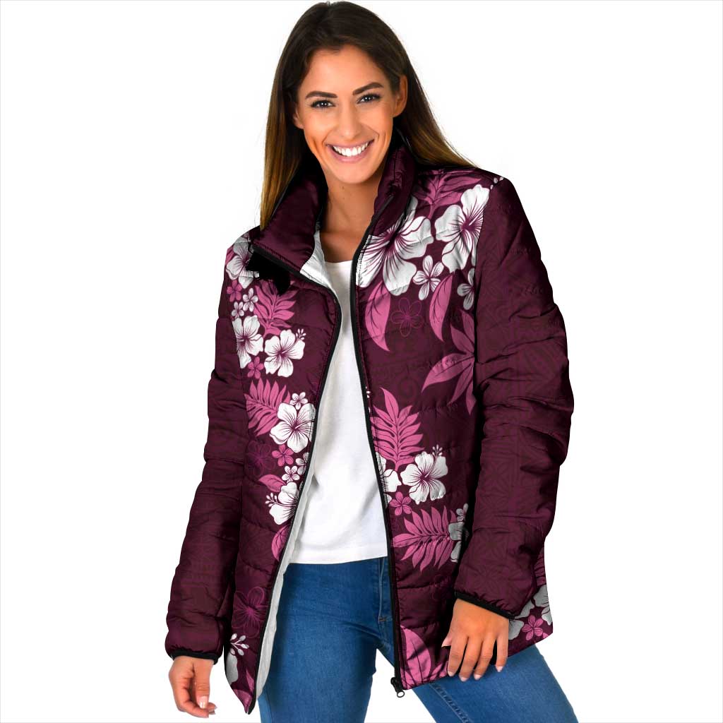 Hawaiian Hibiscus Tribal Floral Pink Padded Jacket Polynesian Tapa Pattern - Polynesian Pride