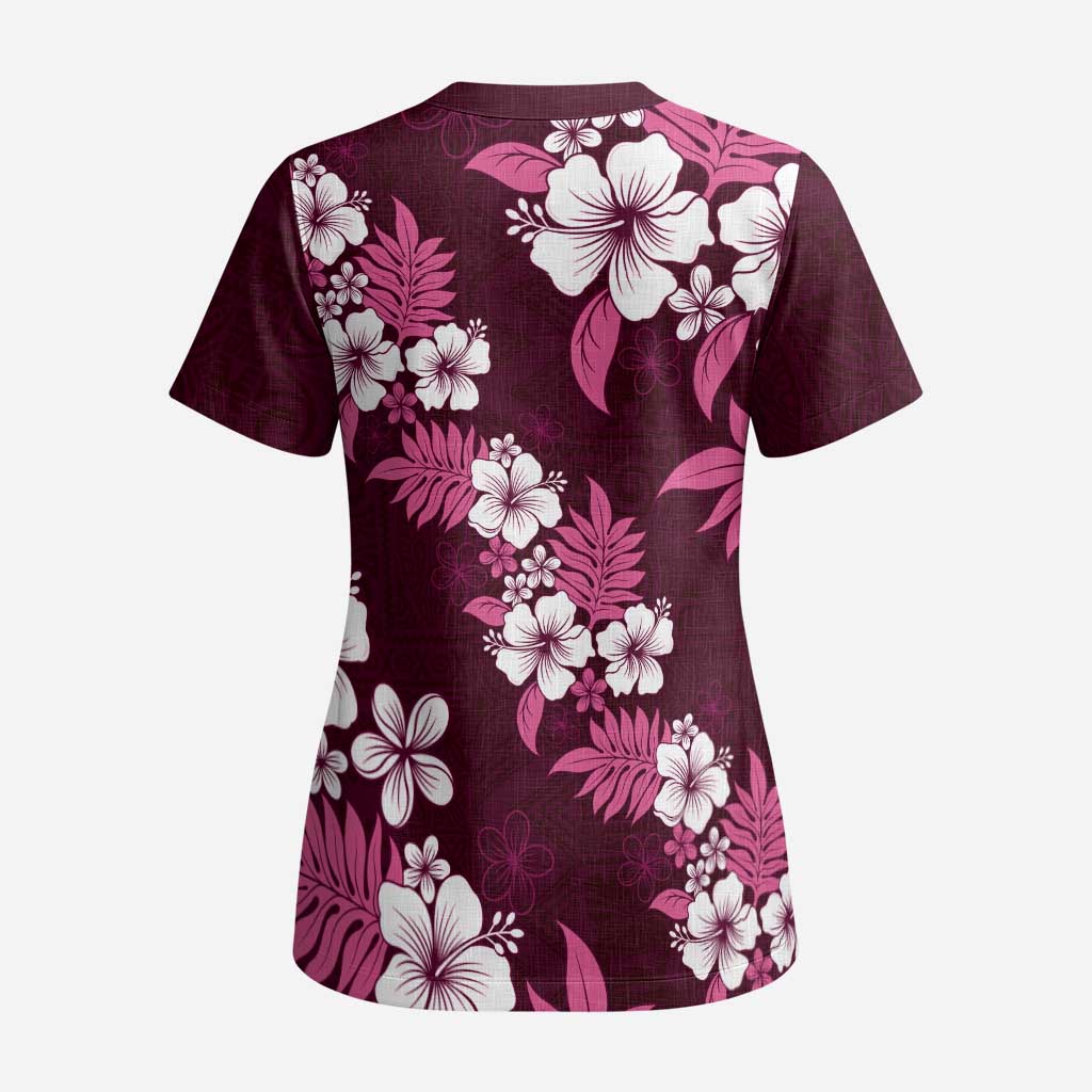 Hawaiian Hibiscus Tribal Floral Pink Scrub Top Polynesian Tapa Pattern - Polynesian Pride