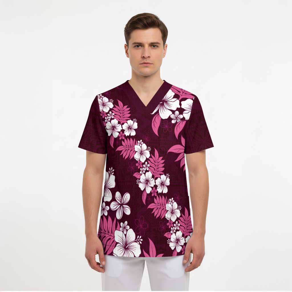 Hawaiian Hibiscus Tribal Floral Pink Scrub Top Polynesian Tapa Pattern - Polynesian Pride