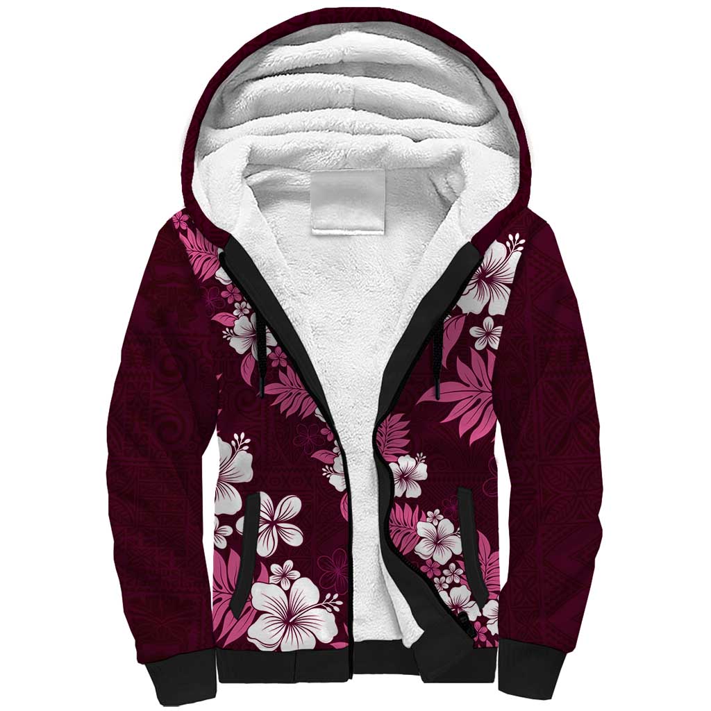 Hawaiian Hibiscus Tribal Floral Pink Sherpa Hoodie Polynesian Tapa Pattern - Polynesian Pride