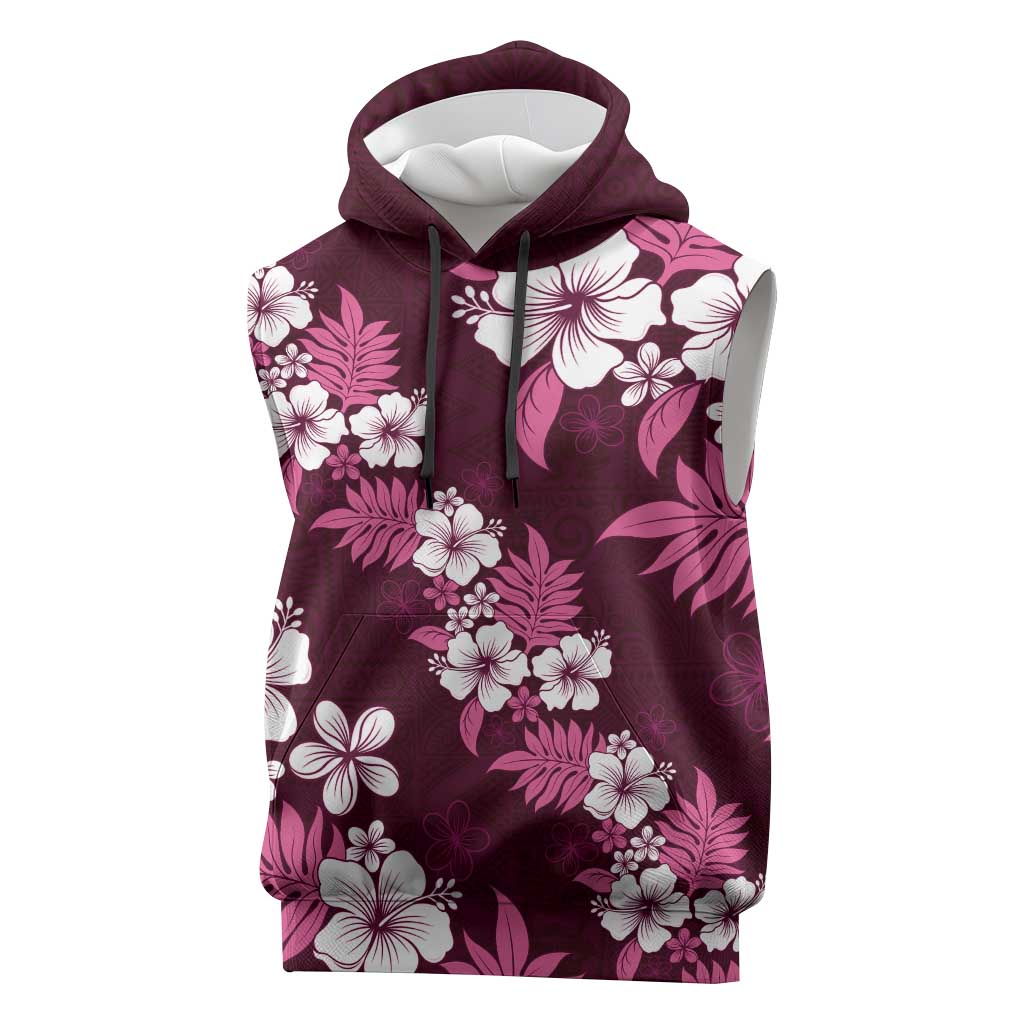 Hawaiian Hibiscus Tribal Floral Pink Sleeveless Hoodie Polynesian Tapa Pattern - Polynesian Pride