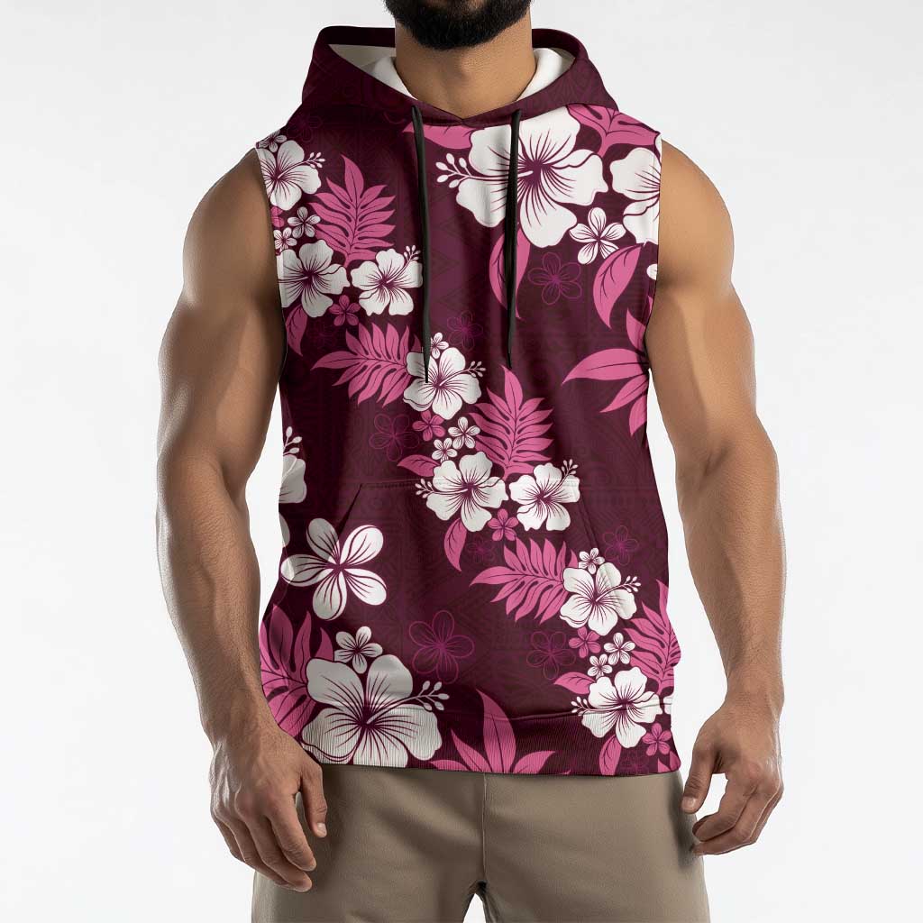Hawaiian Hibiscus Tribal Floral Pink Sleeveless Hoodie Polynesian Tapa Pattern - Polynesian Pride