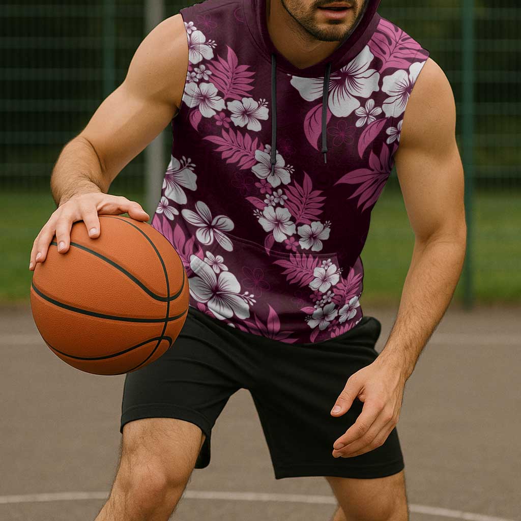 Hawaiian Hibiscus Tribal Floral Pink Sleeveless Hoodie Polynesian Tapa Pattern - Polynesian Pride