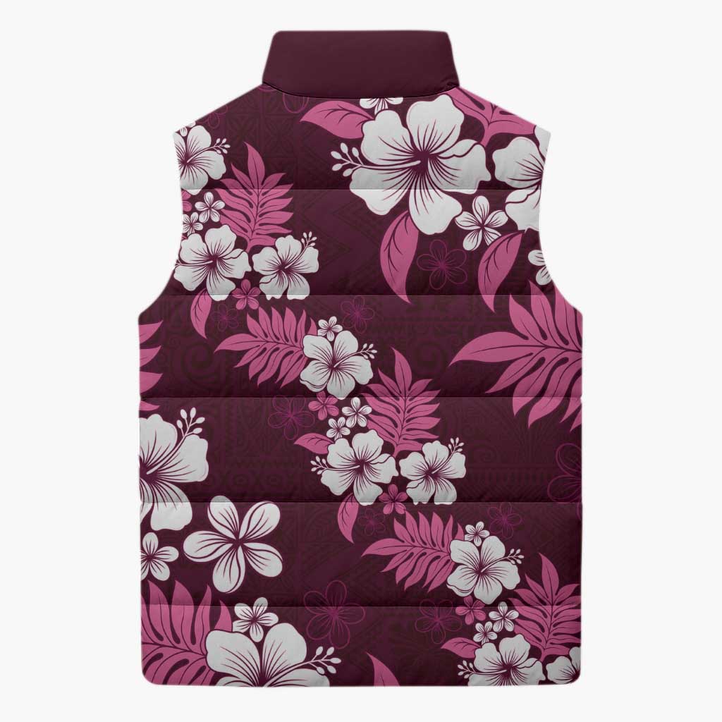 Hawaiian Hibiscus Tribal Floral Pink Sleeveless Puffer Jacket Polynesian Tapa Pattern - Polynesian Pride