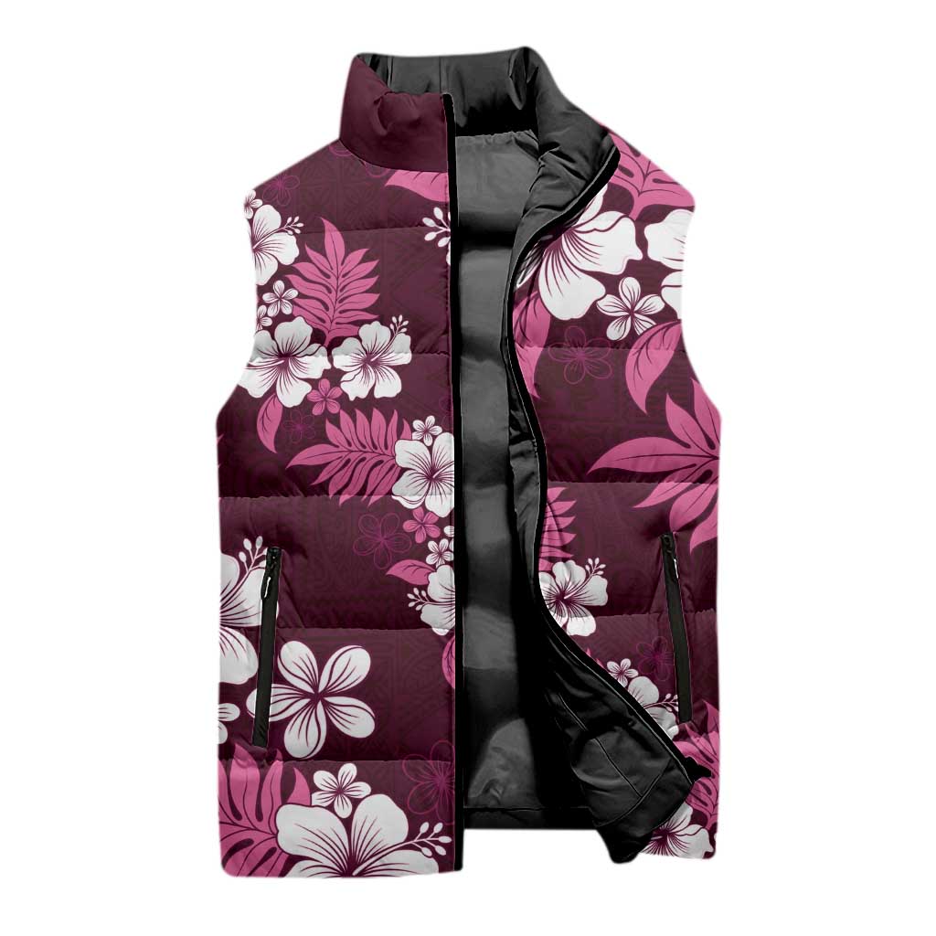 Hawaiian Hibiscus Tribal Floral Pink Sleeveless Puffer Jacket Polynesian Tapa Pattern - Polynesian Pride
