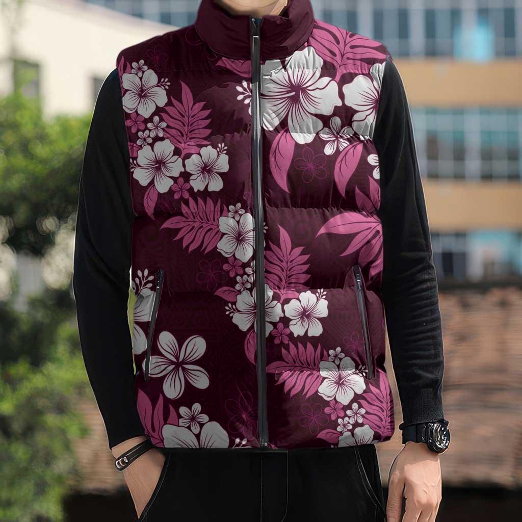 Hawaiian Hibiscus Tribal Floral Pink Sleeveless Puffer Jacket Polynesian Tapa Pattern - Polynesian Pride