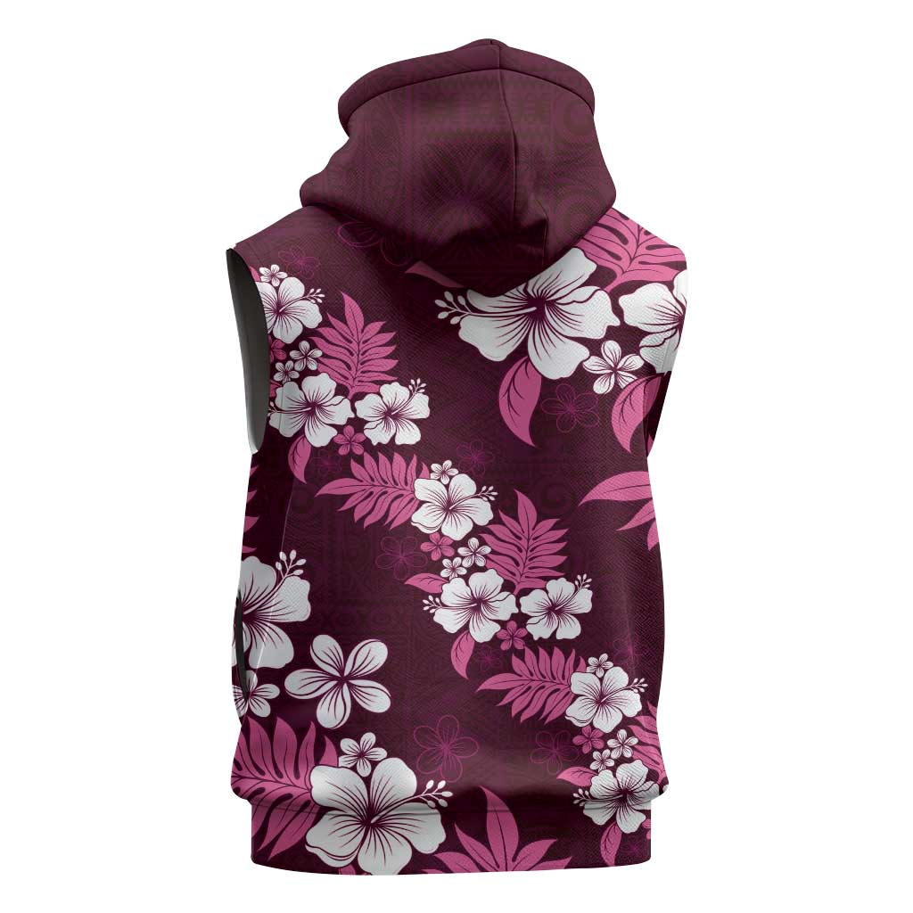 Hawaiian Hibiscus Tribal Floral Pink Sleeveless Zip Hoodie Polynesian Tapa Pattern - Polynesian Pride