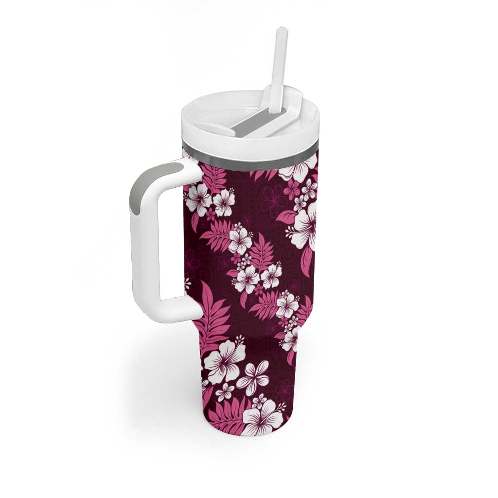 Hawaiian Hibiscus Tribal Floral Pink Tumbler With Handle Polynesian Tapa Pattern - Polynesian Pride