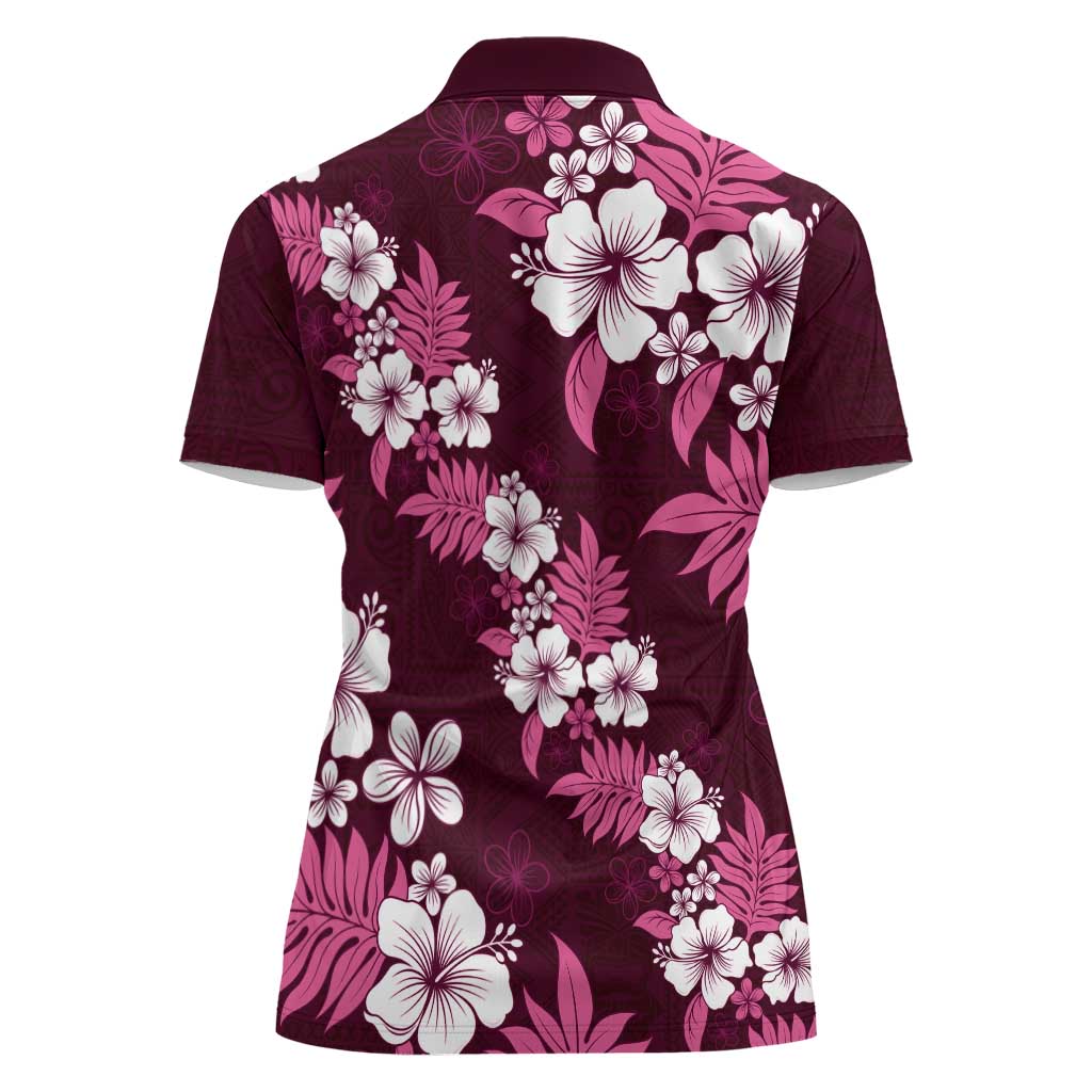 Hawaiian Hibiscus Tribal Floral Pink Women Polo Shirt Polynesian Tapa Pattern - Polynesian Pride