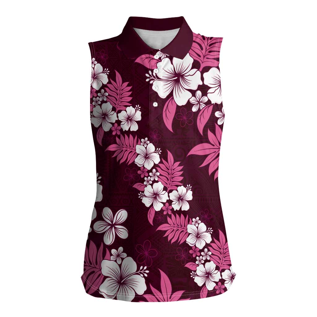Hawaiian Hibiscus Tribal Floral Pink Women Sleeveless Polo Shirt Polynesian Tapa Pattern - Polynesian Pride