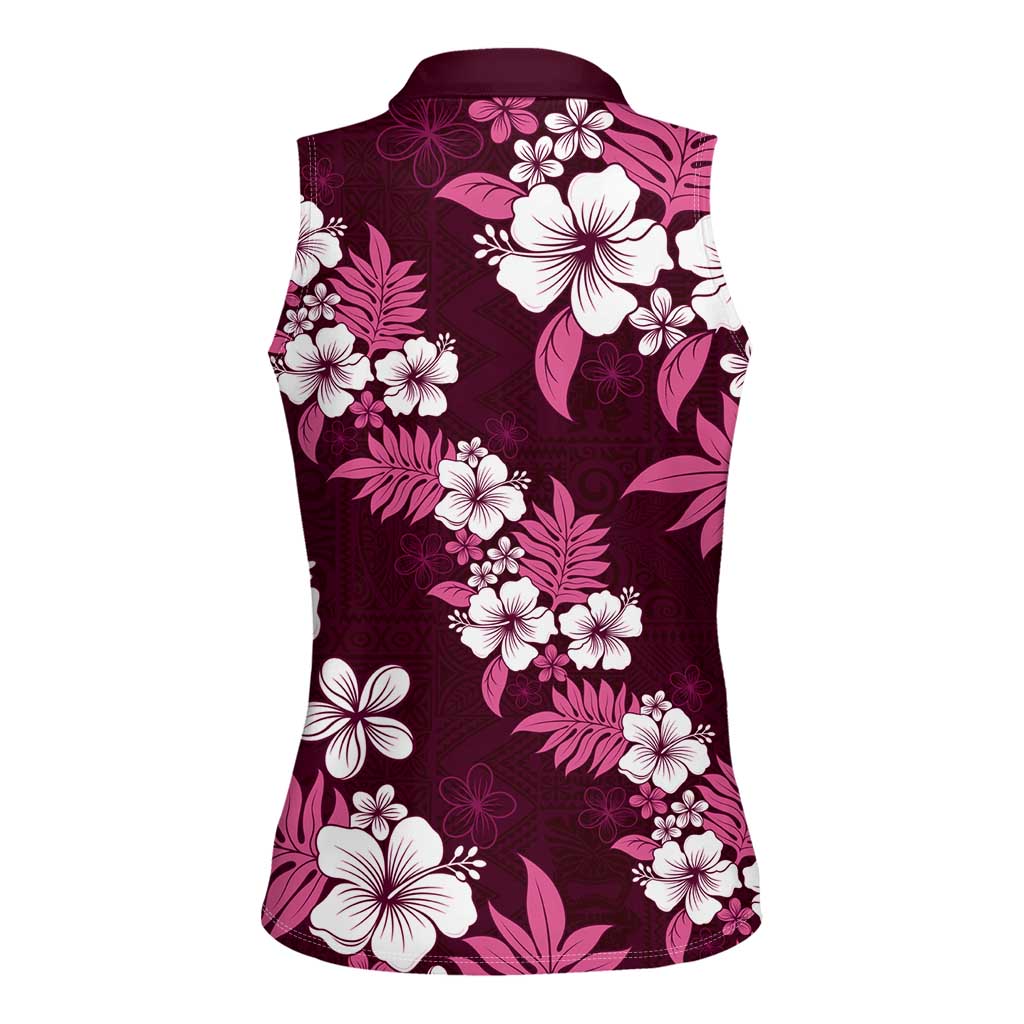 Hawaiian Hibiscus Tribal Floral Pink Women Sleeveless Polo Shirt Polynesian Tapa Pattern - Polynesian Pride