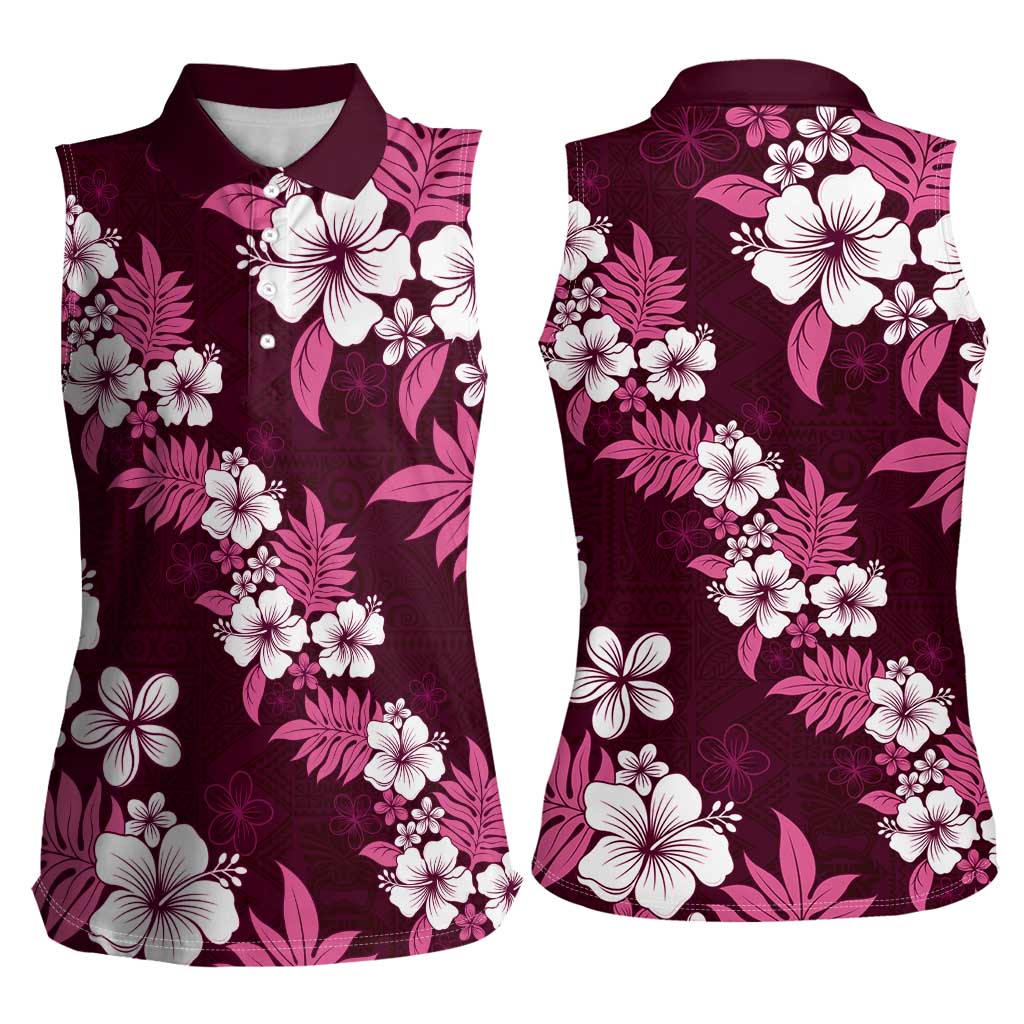 Hawaiian Hibiscus Tribal Floral Pink Women Sleeveless Polo Shirt Polynesian Tapa Pattern - Polynesian Pride