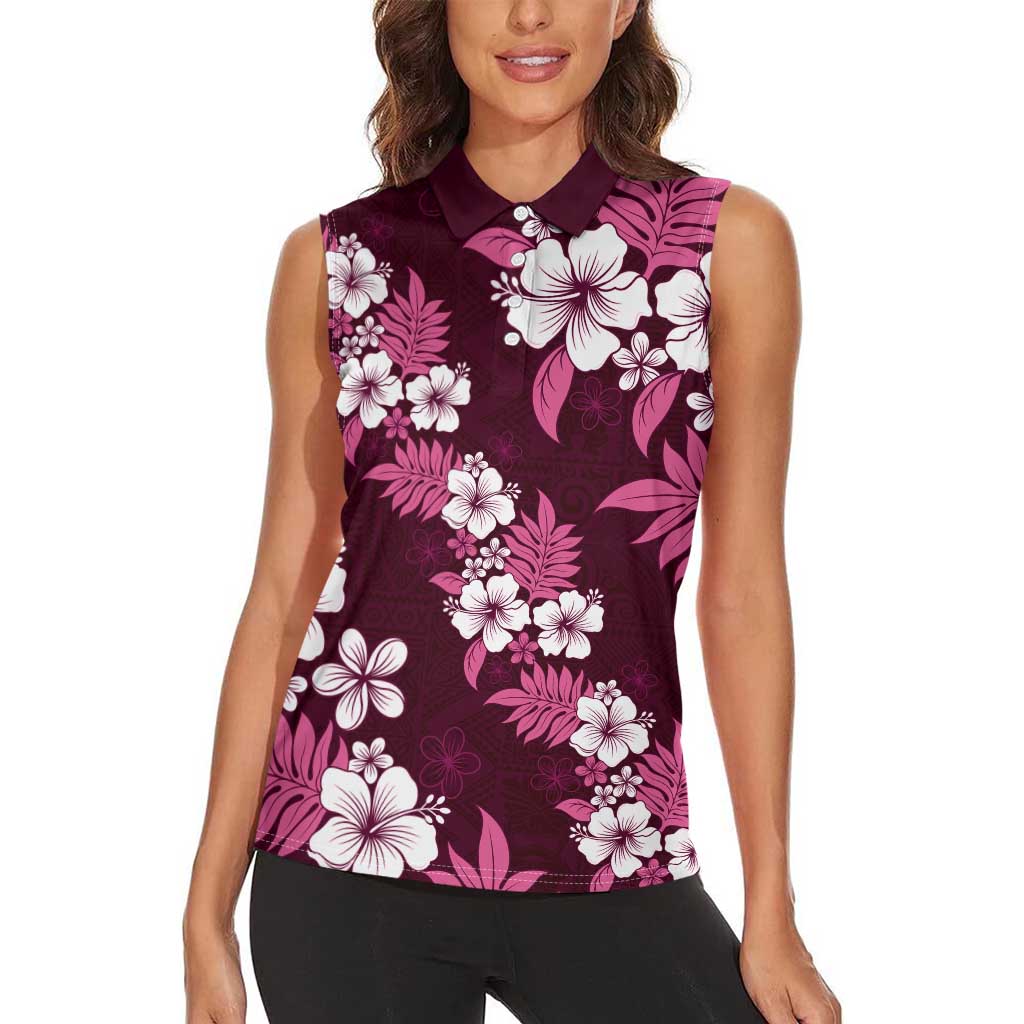 Hawaiian Hibiscus Tribal Floral Pink Women Sleeveless Polo Shirt Polynesian Tapa Pattern - Polynesian Pride