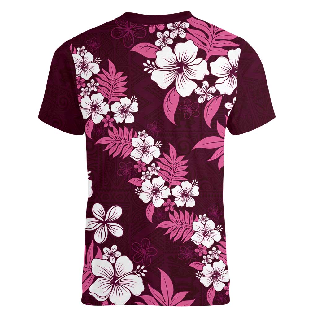 Hawaiian Hibiscus Tribal Floral Pink Women V-Neck T-Shirt Polynesian Tapa Pattern - Polynesian Pride