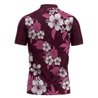 Hawaiian Hibiscus Tribal Floral Pink Zipper Polo Shirt Polynesian Tapa Pattern - Polynesian Pride