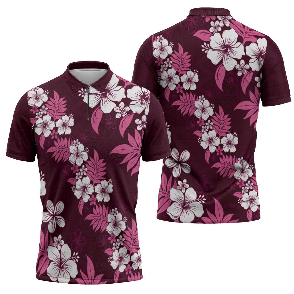 Hawaiian Hibiscus Tribal Floral Pink Zipper Polo Shirt Polynesian Tapa Pattern - Polynesian Pride