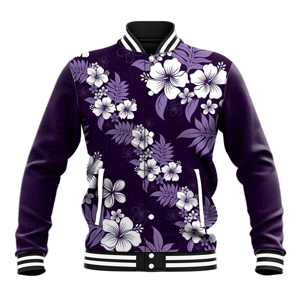 Hawaiian Hibiscus Tribal Floral Purple Baseball Jacket Polynesian Tapa Pattern - Polynesian Pride