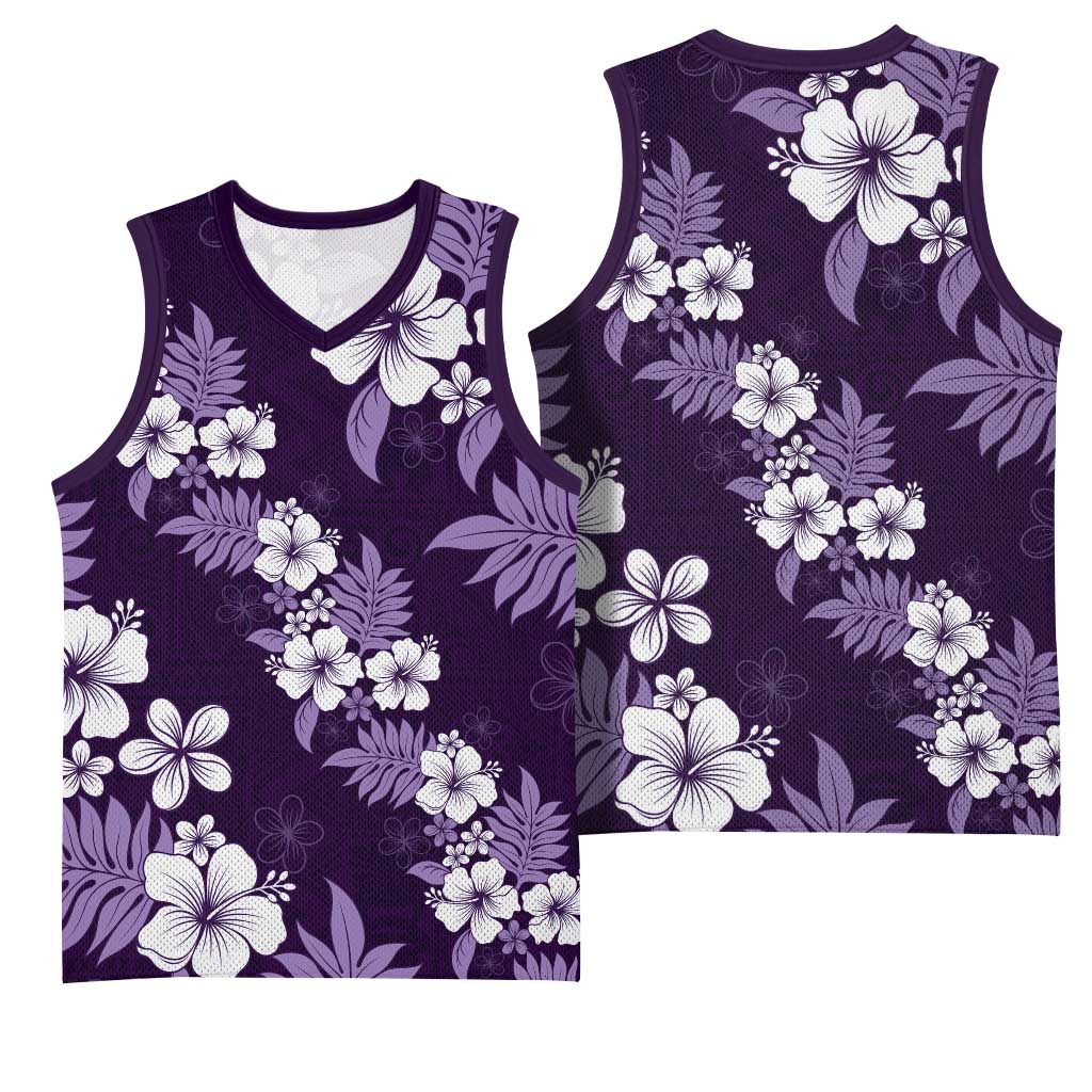 Hawaiian Hibiscus Tribal Floral Purple Basketball Jersey Polynesian Tapa Pattern - Polynesian Pride