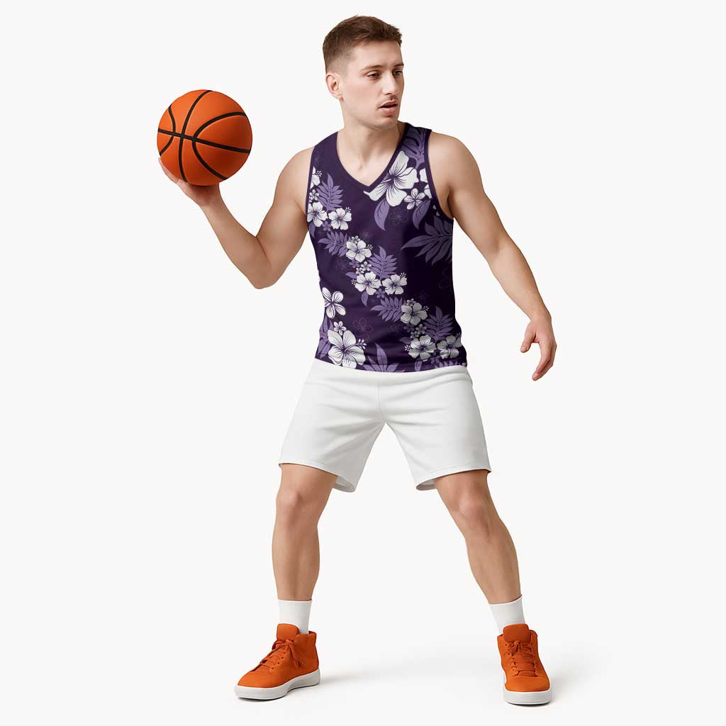 Hawaiian Hibiscus Tribal Floral Purple Basketball Jersey Polynesian Tapa Pattern - Polynesian Pride