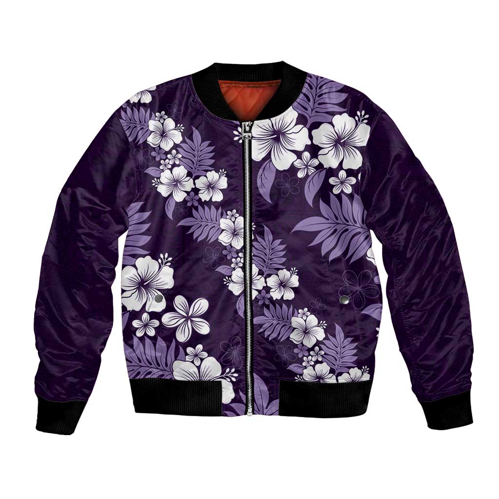 Hawaiian Hibiscus Tribal Floral Purple Bomber Jacket Polynesian Tapa Pattern - Polynesian Pride