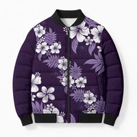 Hawaiian Hibiscus Tribal Floral Purple Bomber Puffer Jacket Polynesian Tapa Pattern - Polynesian Pride
