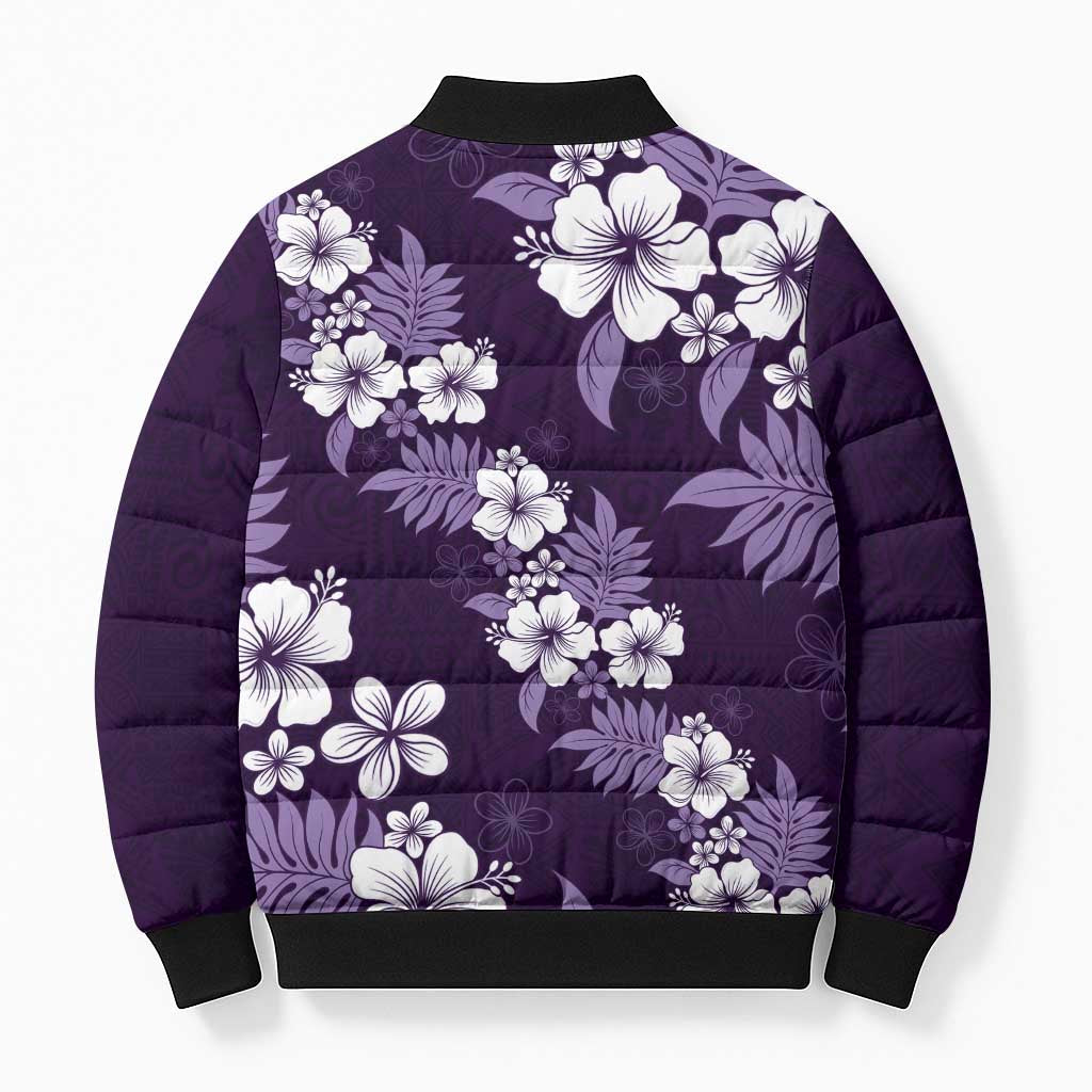 Hawaiian Hibiscus Tribal Floral Purple Bomber Puffer Jacket Polynesian Tapa Pattern - Polynesian Pride
