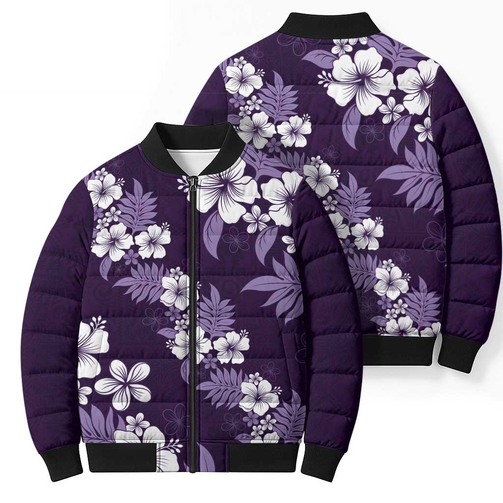 Hawaiian Hibiscus Tribal Floral Purple Bomber Puffer Jacket Polynesian Tapa Pattern - Polynesian Pride