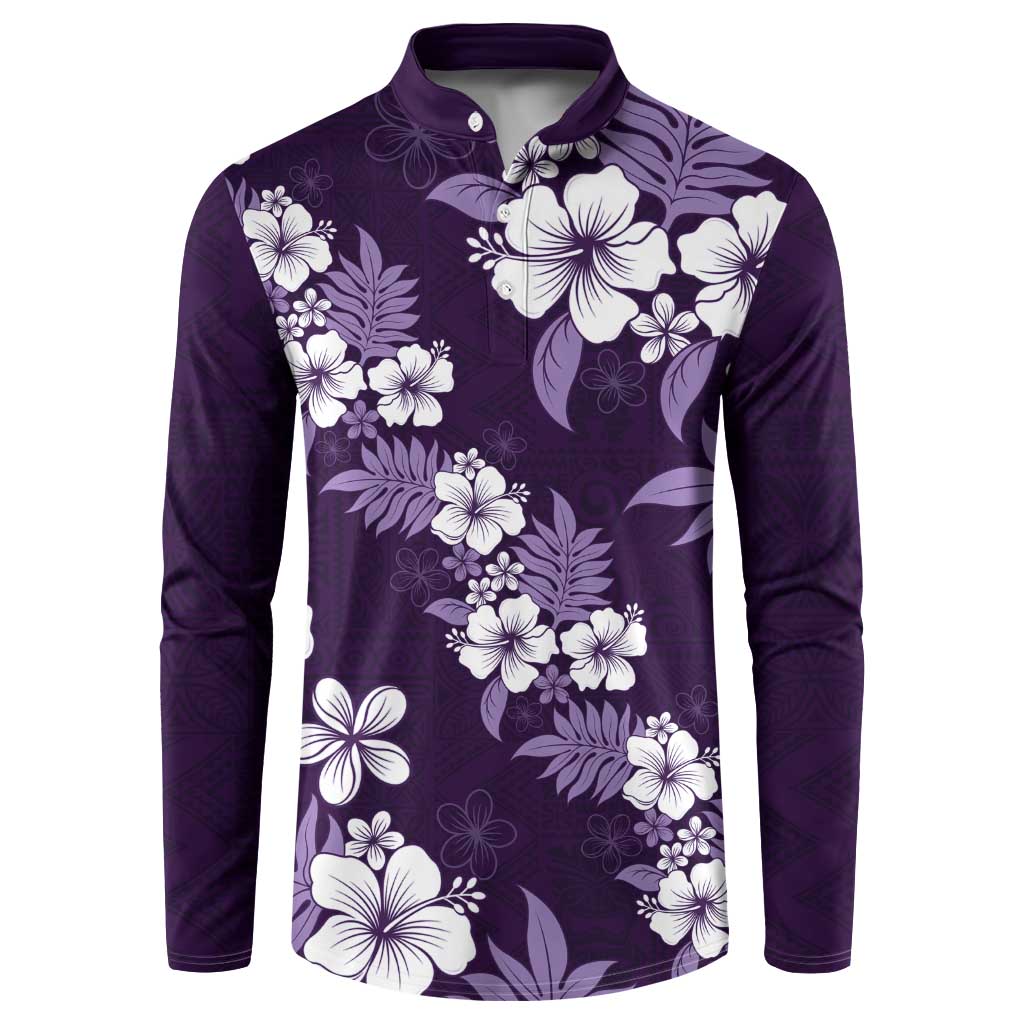 Hawaiian Hibiscus Tribal Floral Purple Button Sweatshirt Polynesian Tapa Pattern - Polynesian Pride